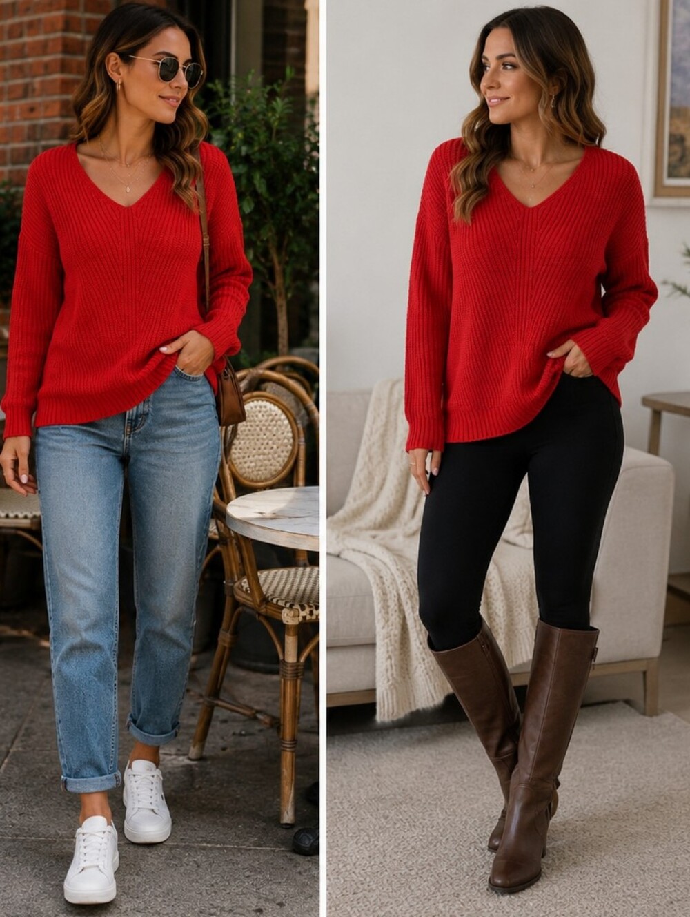 a.n.a Red V-Neck Sweater with Relaxed Fit